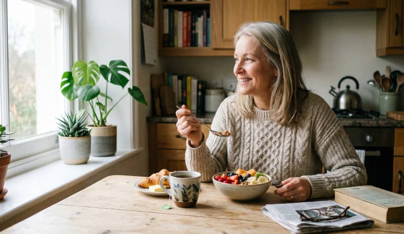 Mujer desayunando un bol con fruta y otros alimentos saludables en la cocina, imagen relacionada con el ayuno intermitente en mujeres y la importancia de una alimentación equilibrada al romper el ayuno