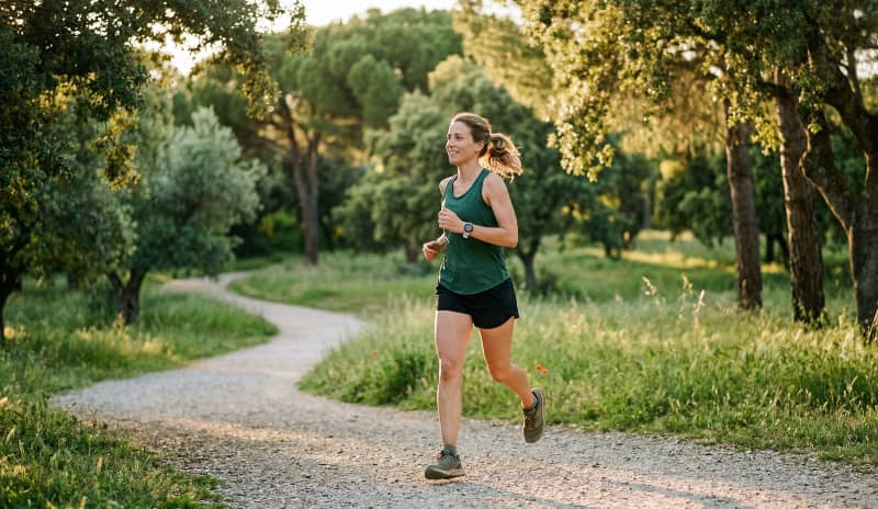 Mujer corriendo por un sendero del parque con la luz dorada del atardecer en representación de uno de los cronotipos.