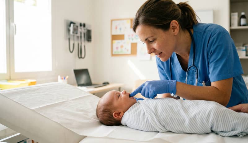 Profesional sanitaria examinando la boca de un bebé durante una revisión pediátrica, imagen relacionada con el diagnóstico y la evaluación del frenillo lingual en bebés.