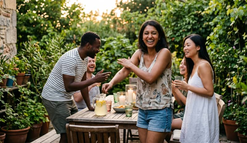 Grupo diverso de amigos ríe durante una cena veraniega al aire libre mientras aparta un mosquito, rodeados de vegetación al atardecer, en representación de las picaduras.