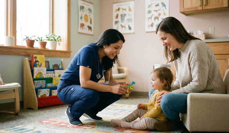 Pediatra hablando y jugando con una niña pequeña junto a su madre en una consulta infantil, imagen relacionada con el manejo emocional y las rabietas en niños.