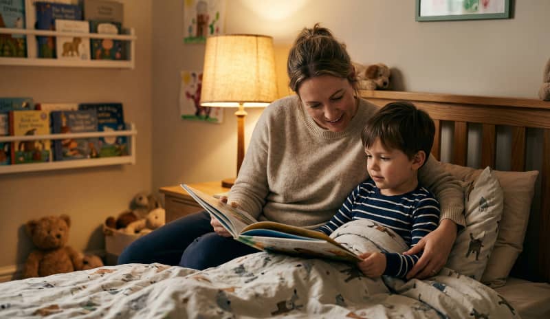 Madre leyendo un cuento a su hijo pequeño sentados juntos en la cama, con luz cálida de lámpara y juguetes al fondo en la habitación infantil como rutina previa al sueño para evitar terrores nocturnos.