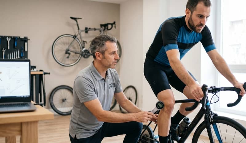 Técnico midiendo el ángulo de la rodilla de un ciclista en un estudio de bike fitting, complementando a los estiramientos para ciclistas.