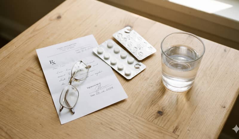 Receta médica, comprimidos y un vaso de agua sobre una mesa, imagen relacionada con el tratamiento de la faringitis y la amigdalitis según su causa