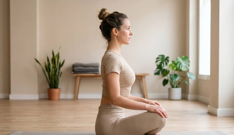 Mujer de perfil sentada sobre sus rodillas con la espalda erguida y las manos apoyadas en las piernas, en postura inicial para practicar hipopresivos.