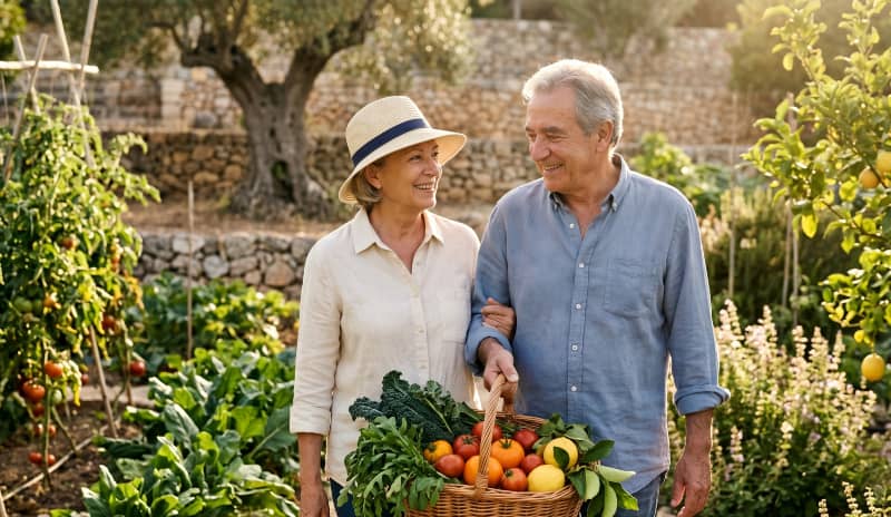 Pareja mayor sonriente paseando por un huerto mediterráneo con una cesta de verduras y frutas frescas en representación del patrón de la nutrición antiedad.