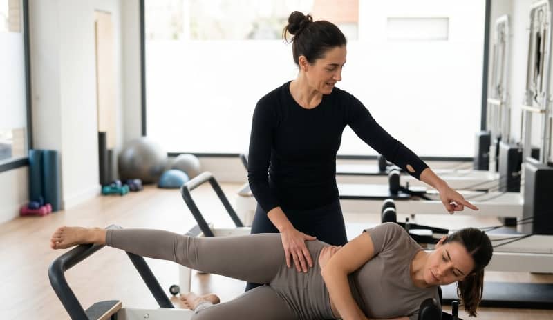 Instructora corrigiendo la postura de una alumna en un ejercicio lateral de pierna, en representación de las diferencias entre pilates reformer vs mat