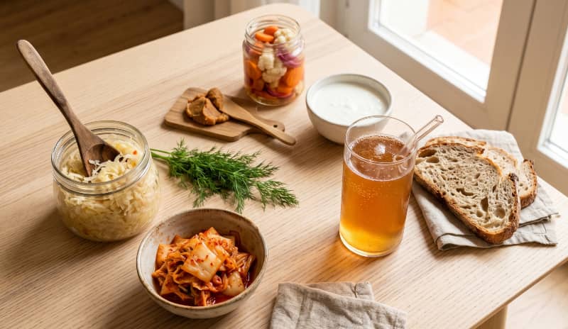 Variedad de alimentos fermentados que contienen postbióticos: chucrut, kimchi, kéfir y miso