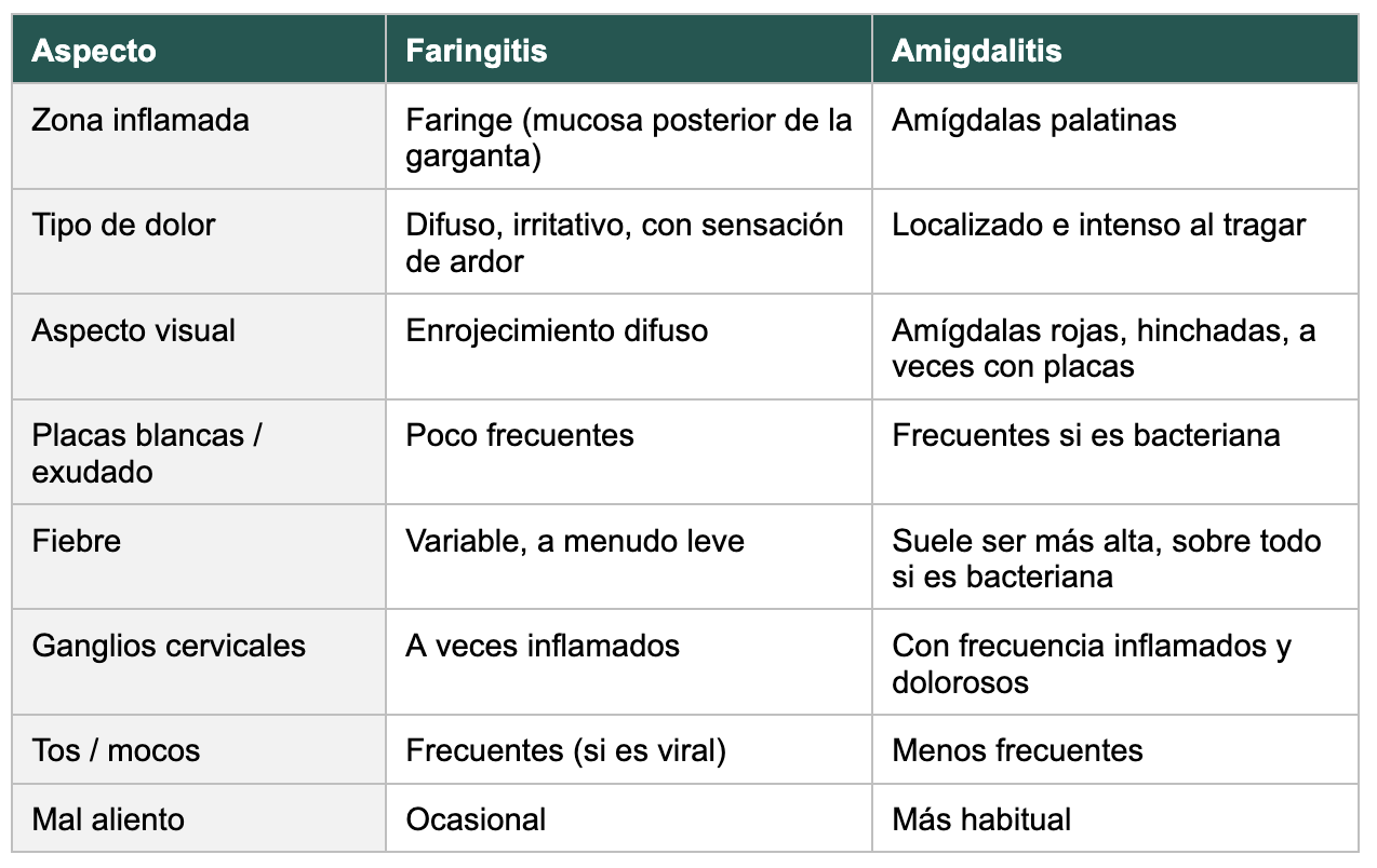 Tabla explicativa de la diferencia entre faringitis y amigdalitis