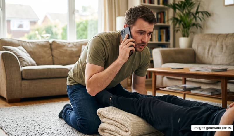 Persona llamando al teléfono de emergencias mientras atiende a alguien que necesita primeros auxilios por una hemorragia
