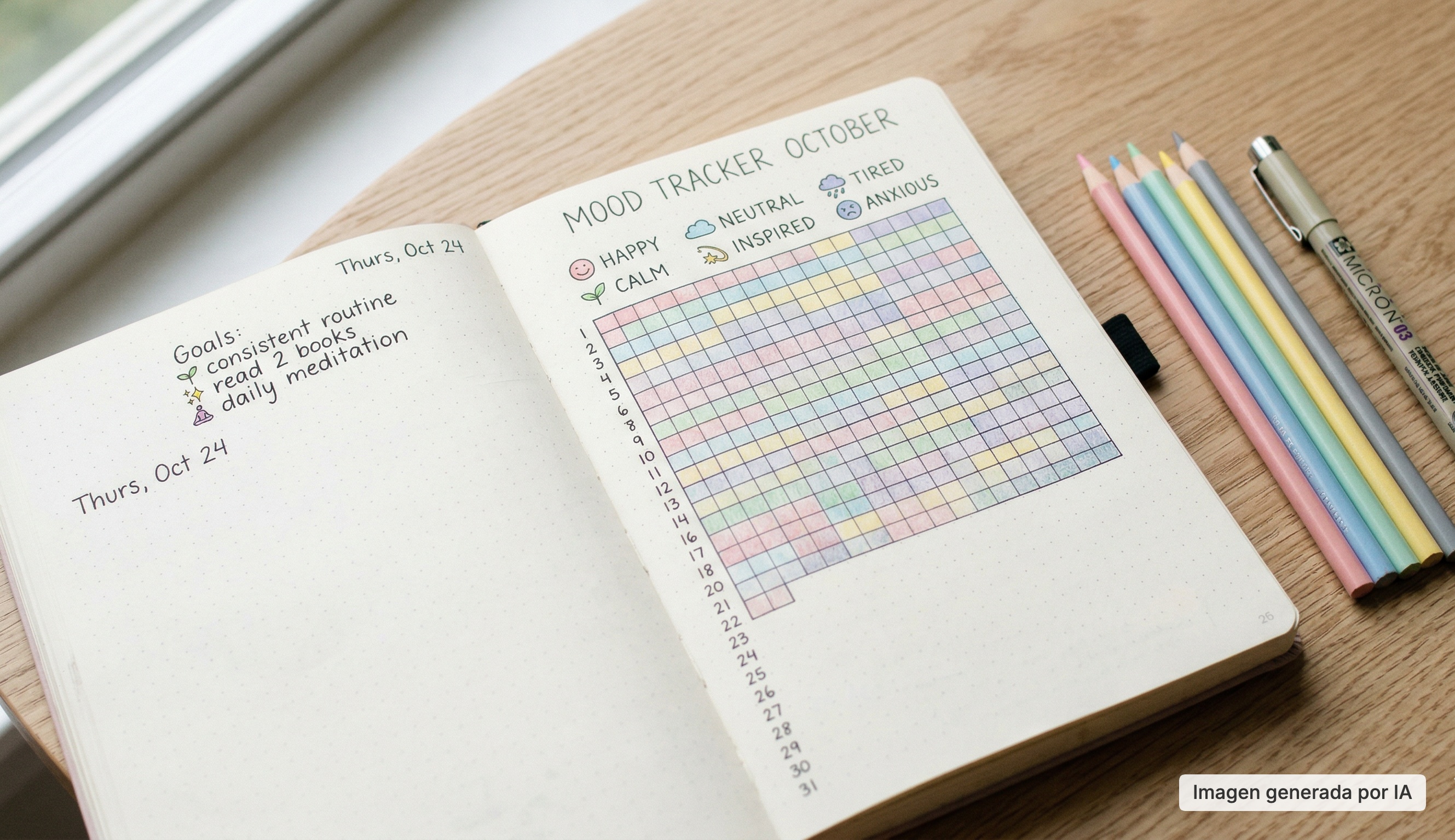 Cuaderno de bullet journal para la salud mental abierto con un mood tracker mensual de octubre dibujado a mano, leyenda de emociones por colores y lápices de colores al lado sobre mesa de madera.