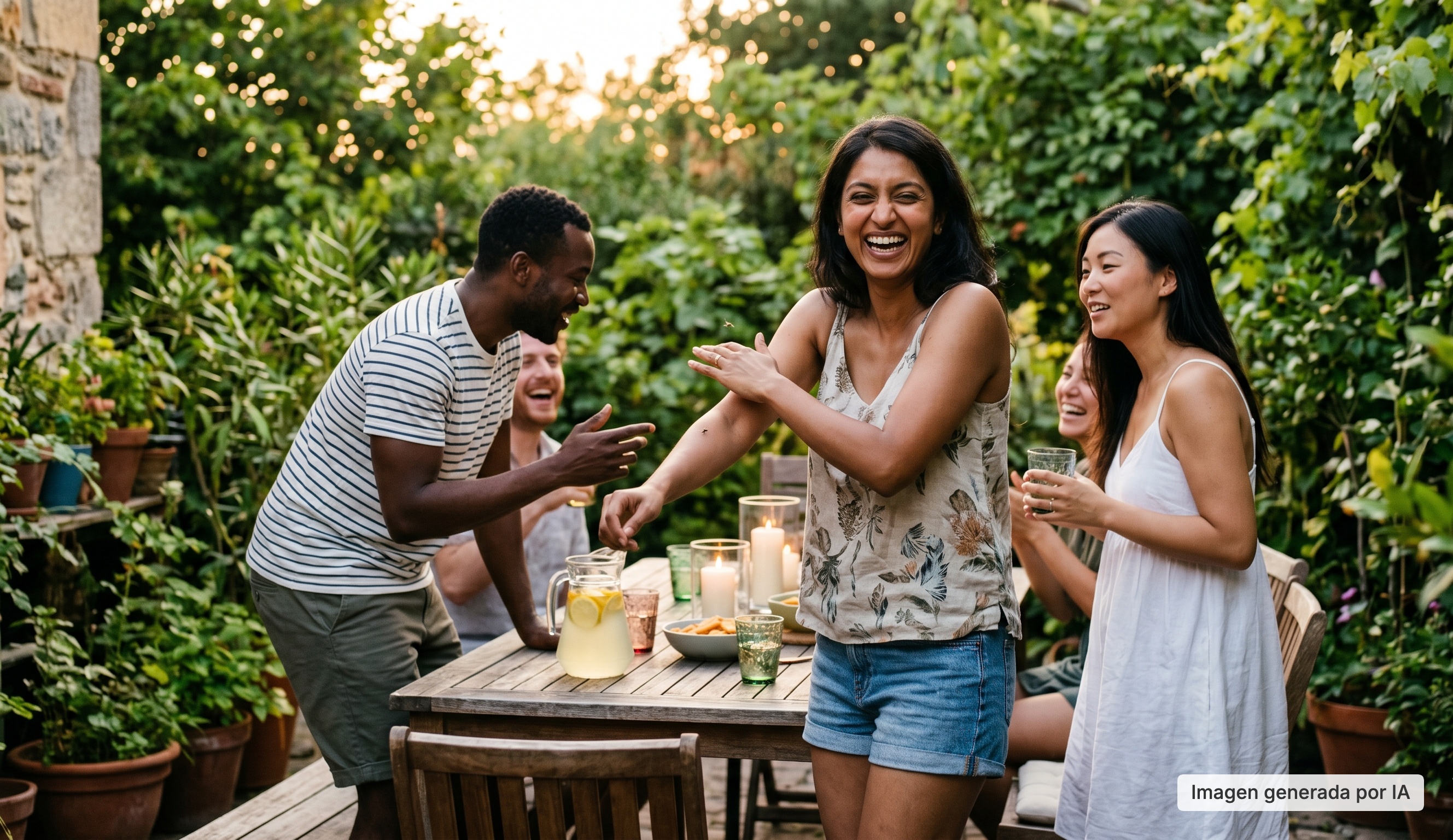 Grupo diverso de amigos ríe durante una cena veraniega al aire libre mientras aparta un mosquito, rodeados de vegetación al atardecer, en representación de las picaduras.