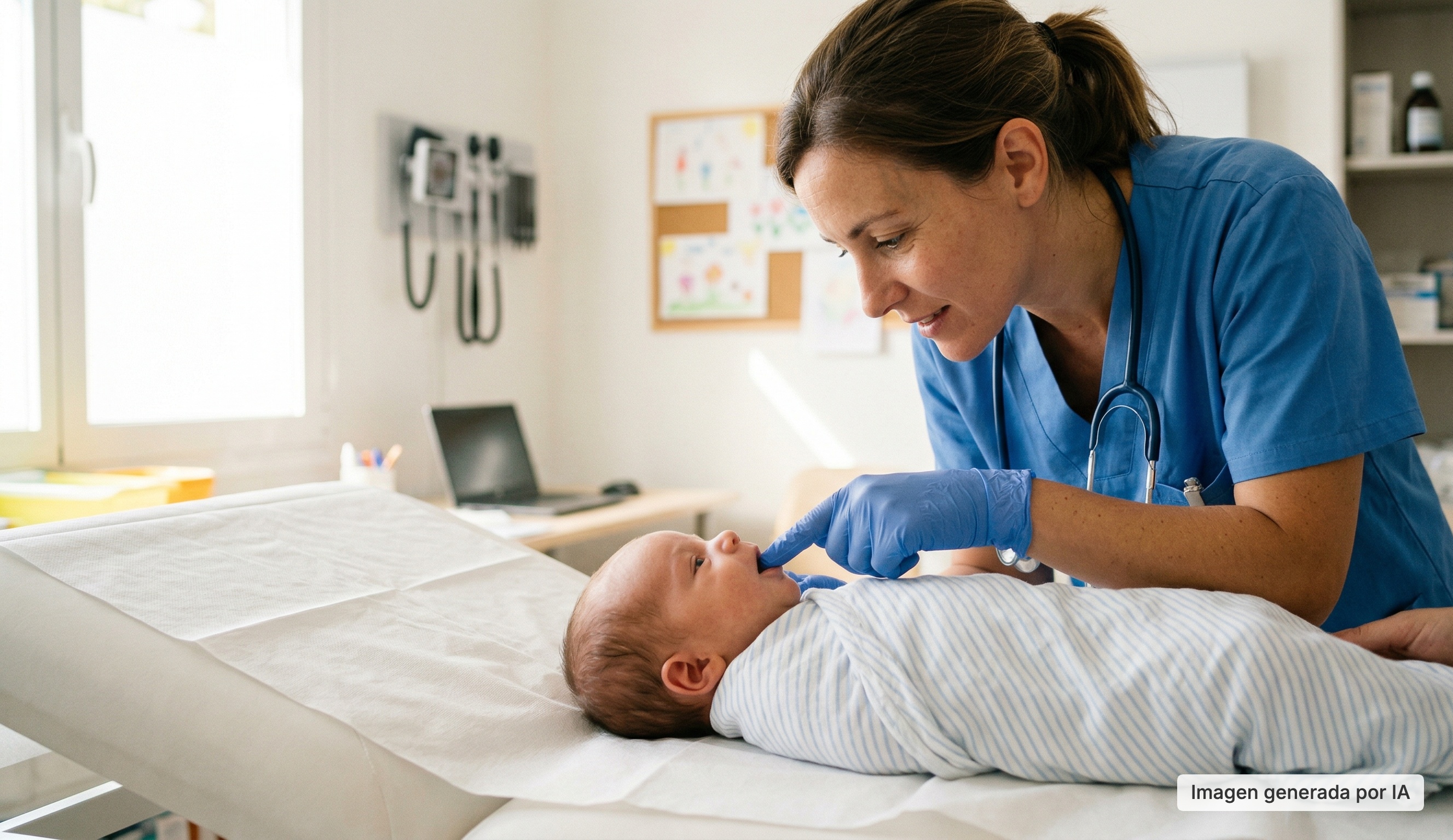 Profesional sanitaria examinando la boca de un bebé durante una revisión pediátrica, imagen relacionada con el diagnóstico y la evaluación del frenillo lingual en bebés.