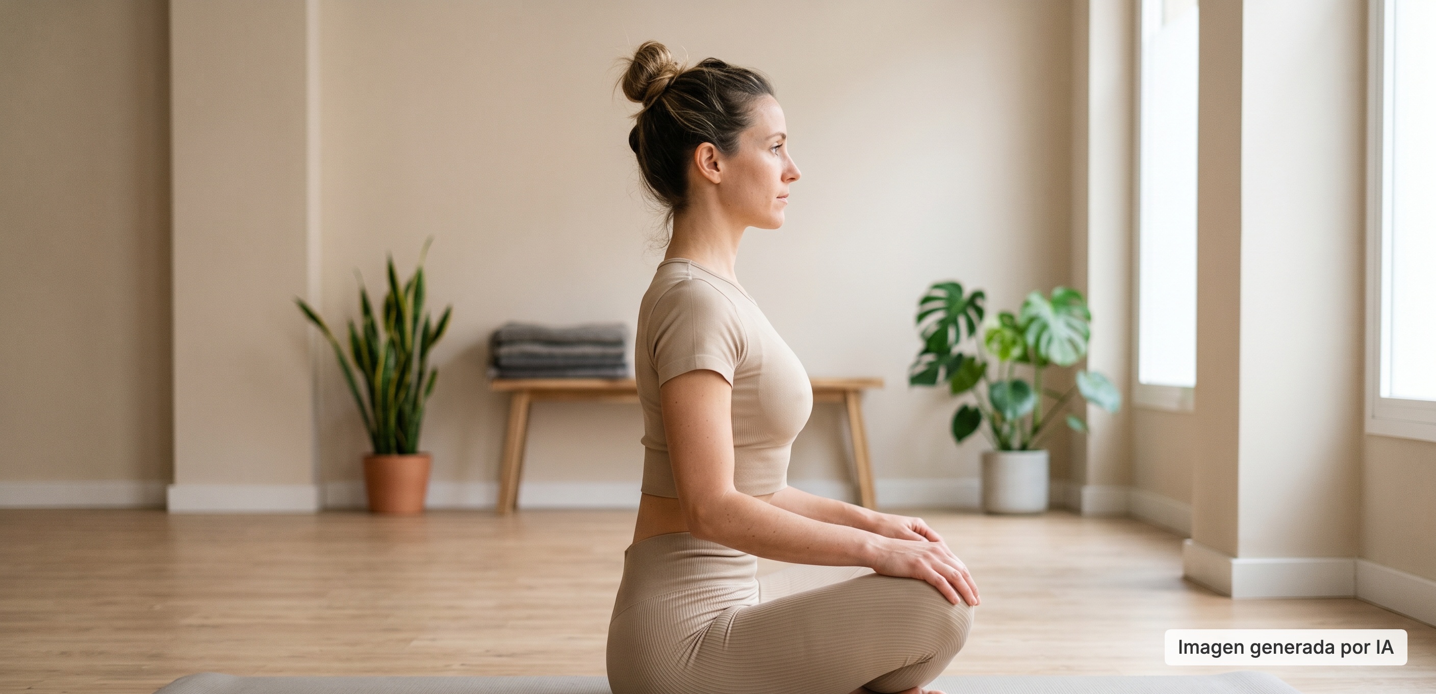 Mujer de perfil sentada sobre sus rodillas con la espalda erguida y las manos apoyadas en las piernas, en postura inicial para practicar hipopresivos.
