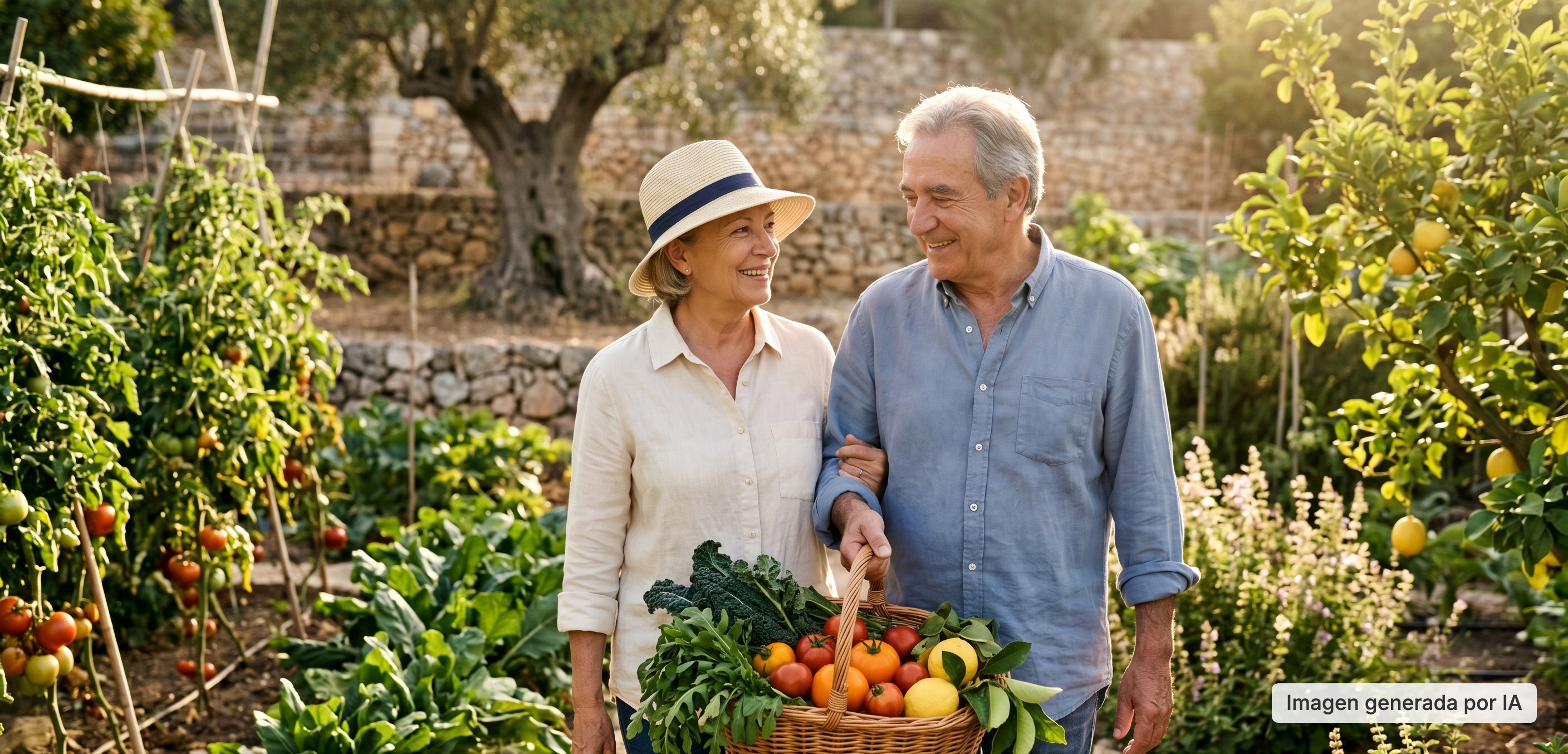 Pareja mayor sonriente paseando por un huerto mediterráneo con una cesta de verduras y frutas frescas en representación del patrón de la nutrición antiedad.