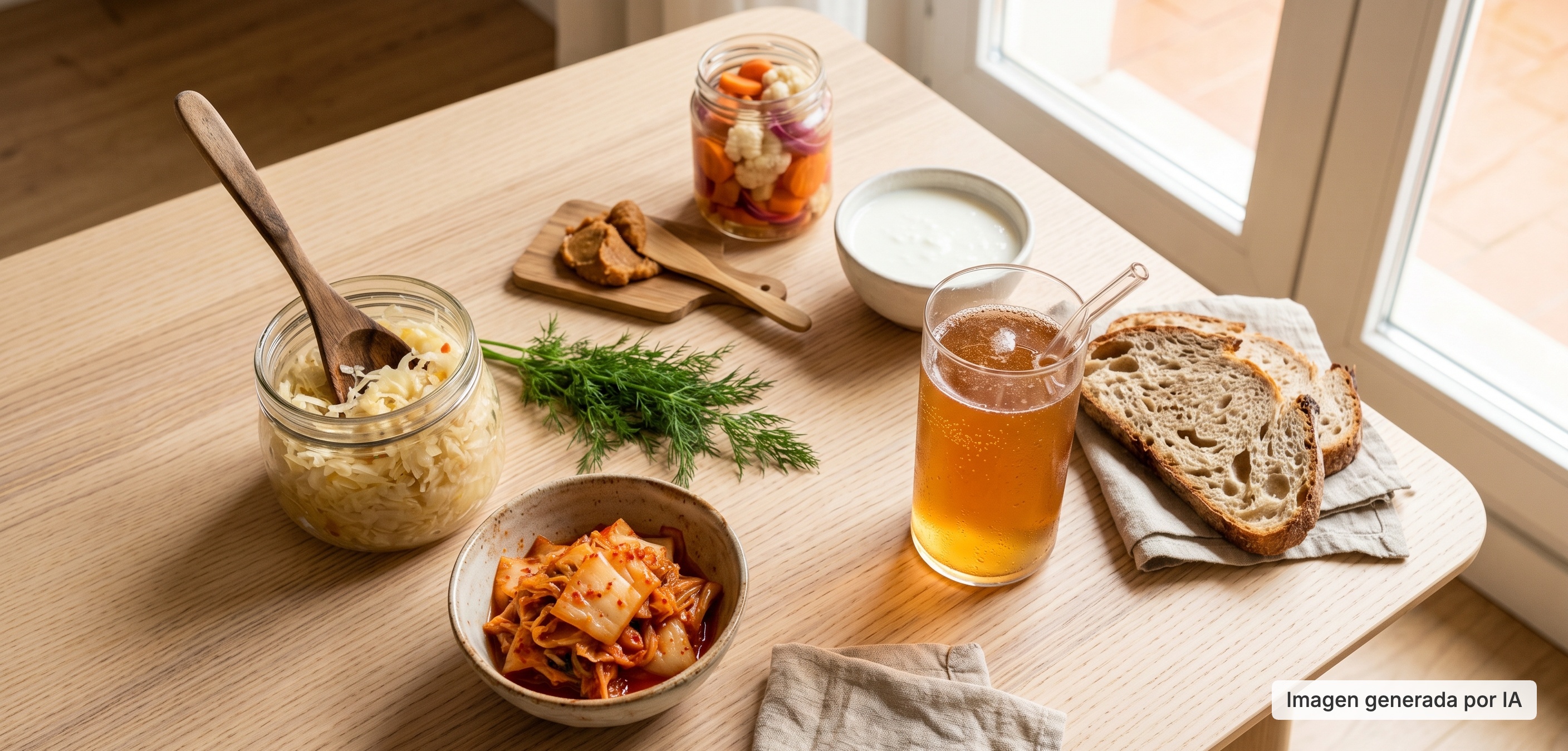 Variedad de alimentos fermentados que contienen postbióticos: chucrut, kimchi, kéfir y miso