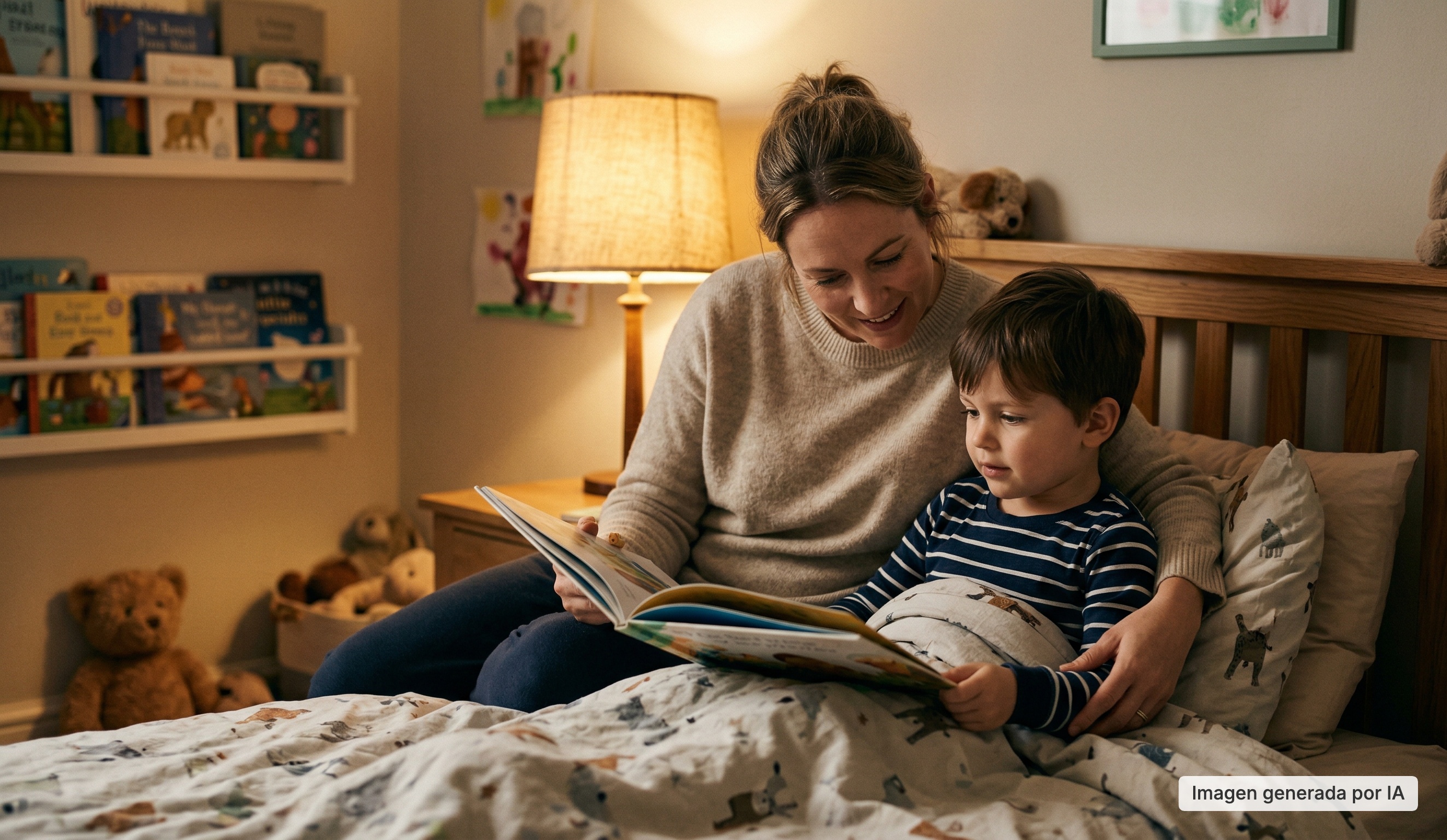 Madre leyendo un cuento a su hijo pequeño sentados juntos en la cama, con luz cálida de lámpara y juguetes al fondo en la habitación infantil como rutina previa al sueño para evitar terrores nocturnos.
