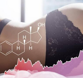 Ilustración conceptual del cuerpo femenino en ropa interior con gráficos hormonales superpuestos, representando el Deseo sexual y libido femenina y su relación con los cambios hormonales