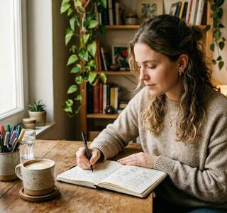 Mujer joven escribiendo a mano en un bullet journal para la salud mental sobre una mesa de madera, con plantas y libros al fondo y luz natural de ventana.