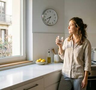 Mujer sosteniendo un vaso de agua mientras mira por la ventana en su cocina, imagen relacionada con el ayuno intermitente en mujeres y los hábitos saludables durante el ayuno intermitente