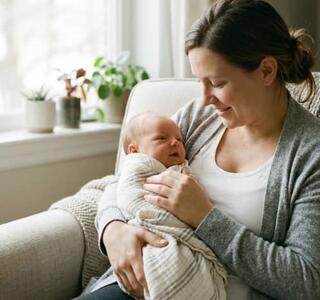 Madre con su bebé en brazos mientras lo observa con cariño, en representación con la lactancia materna y las posibles dificultades asociadas al frenillo lingual en bebés.