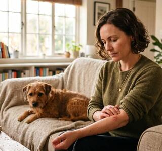 Mujer adulta observa con calma una mordedura leve en su antebrazo sentada en el sofá de casa, junto a su perro descansando en segundo plano.