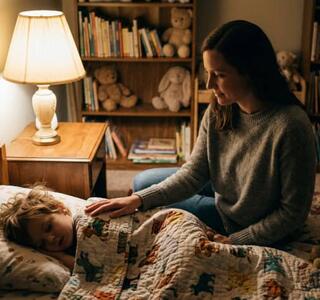 Madre sentada junto a la cama de su hijo dormido, con la mano apoyada sobre la manta, iluminada por la luz cálida de una lámpara de mesita para evitar terrores nocturnos