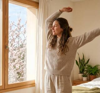 Mujer en pijama estirándose junto a la ventana de su habitación al despertarse por la mañana, imagen relacionada con hábitos saludables para aliviar la astenia primaveral y recuperar la energía.