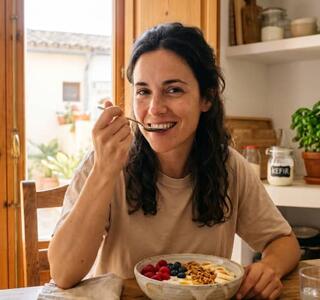 Una mujer sentada en la mesa de una cocina comiendo un bol de yogur natural, alimento rico en postbióticos, junto a frutas y semillas.