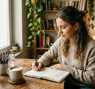 Mujer joven escribiendo a mano en un bullet journal para la salud mental sobre una mesa de madera, con plantas y libros al fondo y luz natural de ventana.