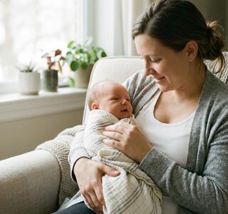 Madre con su bebé en brazos mientras lo observa con cariño, en representación con la lactancia materna y las posibles dificultades asociadas al frenillo lingual en bebés.