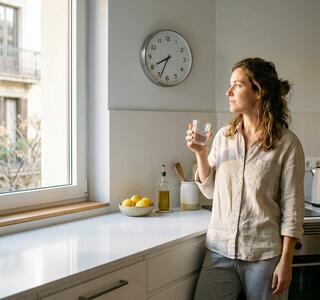 Mujer sosteniendo un vaso de agua mientras mira por la ventana en su cocina, imagen relacionada con el ayuno intermitente en mujeres y los hábitos saludables durante el ayuno intermitente
