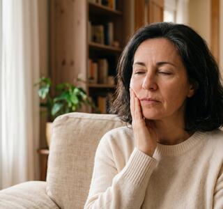 Mujer sentada en un sofá con los ojos cerrados y la mano en la mejilla, en representación del dolor facial de la neuralgia del trigémino.