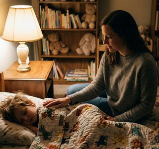 Madre sentada junto a la cama de su hijo dormido, con la mano apoyada sobre la manta, iluminada por la luz cálida de una lámpara de mesita para evitar terrores nocturnos