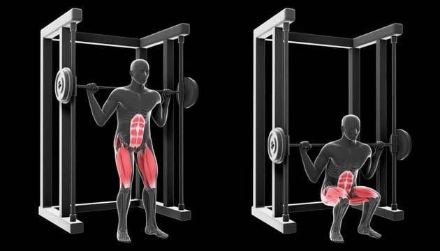 Ilustración de cómo realizar correctamente la sentadilla multipower
