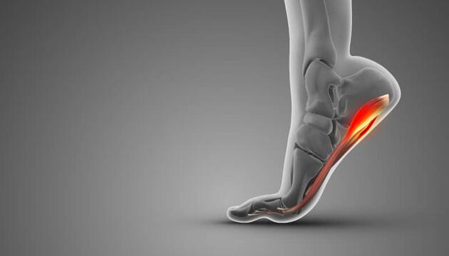 Ilustración médica de un pie elevándose con la zona del talón y la fascia marcada en rojo para mostrar el dolor característico de la fascitis plantar.