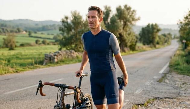 Ciclista haciendo estiramiento de cuádriceps junto a su bicicleta en carretera, uno de los estiramientos para ciclistas recomendados tras la ruta.