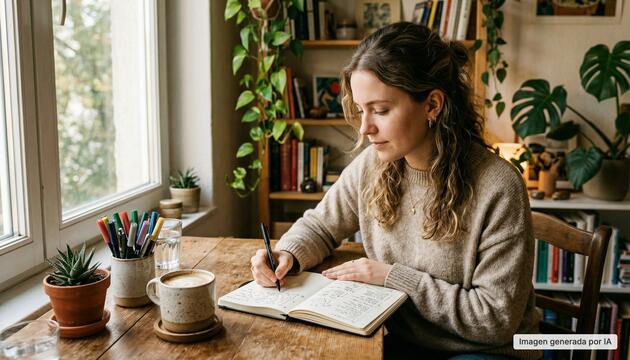Mujer joven escribiendo a mano en un bullet journal para la salud mental sobre una mesa de madera, con plantas y libros al fondo y luz natural de ventana.