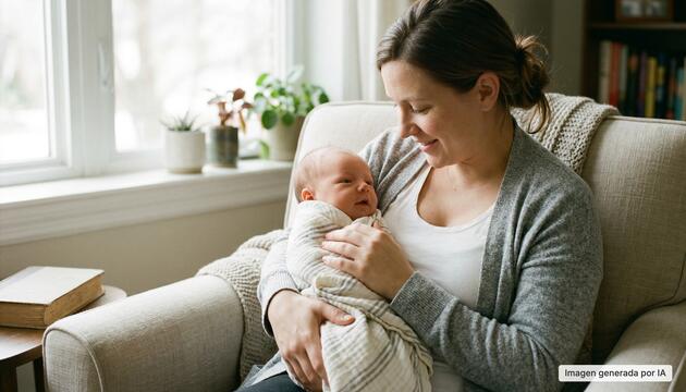 Madre con su bebé en brazos mientras lo observa con cariño, en representación con la lactancia materna y las posibles dificultades asociadas al frenillo lingual en bebés.