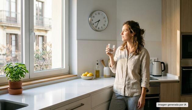 Mujer sosteniendo un vaso de agua mientras mira por la ventana en su cocina, imagen relacionada con el ayuno intermitente en mujeres y los hábitos saludables durante el ayuno intermitente