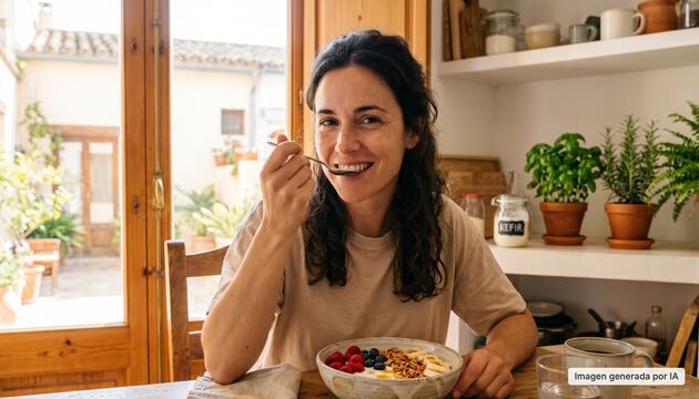 Una mujer sentada en la mesa de una cocina comiendo un bol de yogur natural, alimento rico en postbióticos, junto a frutas y semillas.