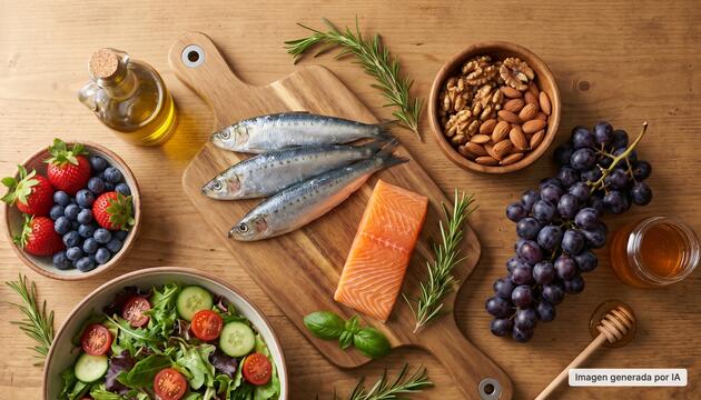 Sardinas, salmón, frutos rojos, uvas, frutos secos, ensalada y aceite de oliva sobre una mesa de madera en representación de alimentos que forman parte del patrón de la nutrición antiedad. 