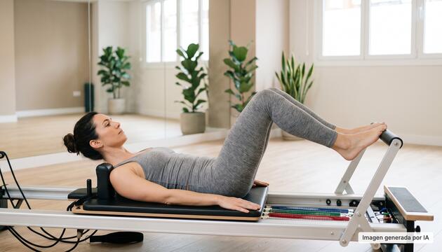 Mujer haciendo footwork en una máquina de pilates reformer en una sala específica para esta actividad, en representación de la comparativa de pilates reformer vs mat