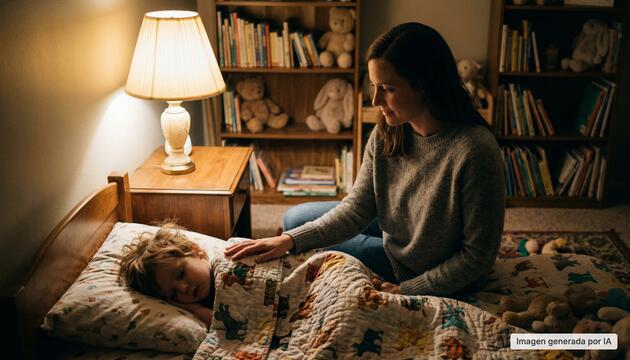 Madre sentada junto a la cama de su hijo dormido, con la mano apoyada sobre la manta, iluminada por la luz cálida de una lámpara de mesita para evitar terrores nocturnos