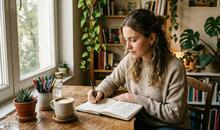 Mujer joven escribiendo a mano en un bullet journal para la salud mental sobre una mesa de madera, con plantas y libros al fondo y luz natural de ventana.