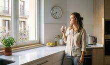 Mujer sosteniendo un vaso de agua mientras mira por la ventana en su cocina, imagen relacionada con el ayuno intermitente en mujeres y los hábitos saludables durante el ayuno intermitente