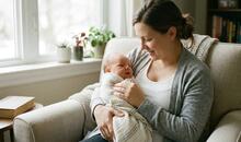 Madre con su bebé en brazos mientras lo observa con cariño, en representación con la lactancia materna y las posibles dificultades asociadas al frenillo lingual en bebés.