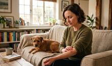 Mujer adulta observa con calma una mordedura leve en su antebrazo sentada en el sofá de casa, junto a su perro descansando en segundo plano.