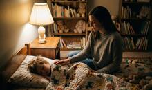 Madre sentada junto a la cama de su hijo dormido, con la mano apoyada sobre la manta, iluminada por la luz cálida de una lámpara de mesita para evitar terrores nocturnos