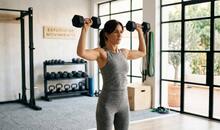 Mujer realizando press de hombros con mancuernas en un gimnasio como parte del entrenamiento de fuerza en mujeres